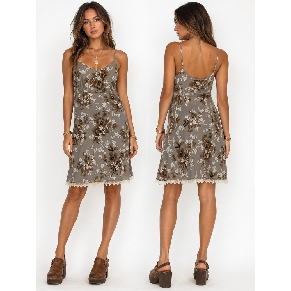 VTG 90s Slip Dress 13 Taupe Brown Floral Lace Trim Coquette‎ Earthy Prairie Boho